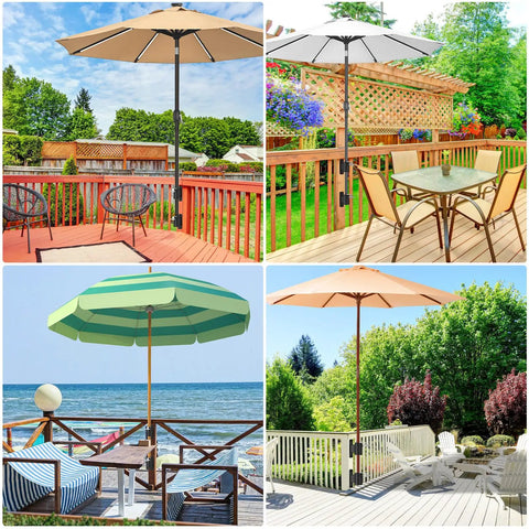 Go-To Heavy Duty Deck Rail Umbrella Holder for 1 to 2 Inch Poles shown on various outdoor decks and balconies with umbrellas
