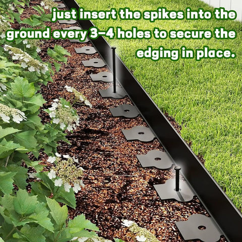 4 Inch Tall Landscape Edging Kit, 100 Ft Flexible Lawn Border With 99 Anchoring Spikes installed in flower bed