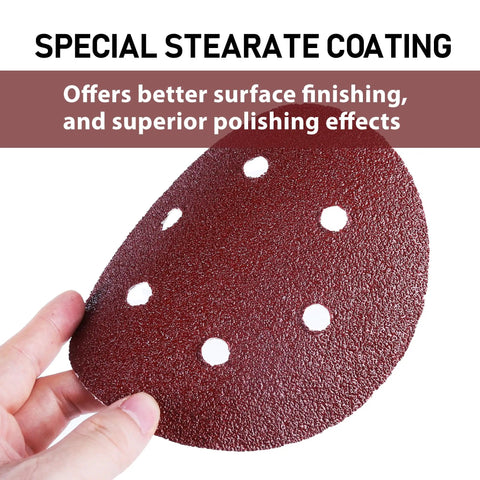 Person holding a disc from 130 Piece Pro Grade 6 Inch Sanding Discs Set With 6 Hole Pattern Grit Range 40 To 2000 For Random Orbital Sander