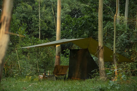 Bulwark Camping Tarp Rain Fly 12.8 Ft By 9.5 Ft Tough As Nails Ultra Waterproof 210T Polyester Shelter in forest setup