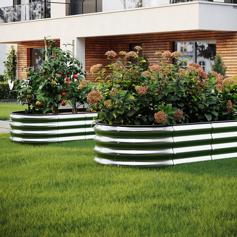 Galvanized Metal Raised Garden Bed Kit For Outdoor Gardening, 4x2x1ft with Two Planter Boxes, installed on patio with plants