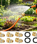 Awesome 5 Set Garden Hose Repair Kit With Heavy Duty Aluminum Fittings And Rust Proof Clamps For Quick Fix Of Leaky Water Hoses, Sprinklers And Outdoor Faucets To Keep Your Lawn Looking Gnarly All Season Long. Brass hose repair fittings and clamps connected to orange garden hose watering raised bed