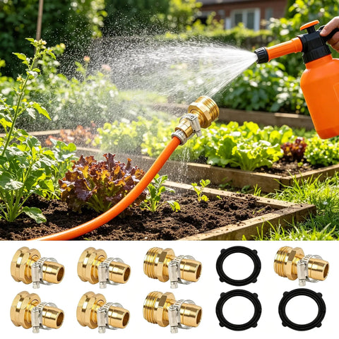 Awesome 5 Set Garden Hose Repair Kit With Heavy Duty Aluminum Fittings And Rust Proof Clamps For Quick Fix Of Leaky Water Hoses, Sprinklers And Outdoor Faucets To Keep Your Lawn Looking Gnarly All Season Long. Brass hose repair fittings and clamps connected to orange garden hose watering raised bed