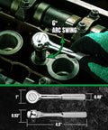 Professional One Quarter Inch Drive Reversible Ratchet being used with engine, showing 6-degree arc swing for precise control.
