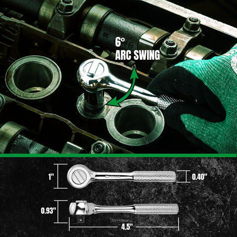 Professional One Quarter Inch Drive Reversible Ratchet being used with engine, showing 6-degree arc swing for precise control.