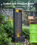 35 Inch Outdoor Water Fountain With Modern Curved Faux Slate Resin Waterfall And 2 Warm LED Lights For Garden Patio Yard Deck Porch Balcony Decor Home Art Water Feature In Black Keeps Your Outdoor Vibe On Point in a garden setting