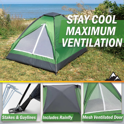 Two Person Camping Tent Shelter With Rain Fly And Carrying Bag Lightweight Dome For Backpacking Hiking And Beach Green, outdoor setup