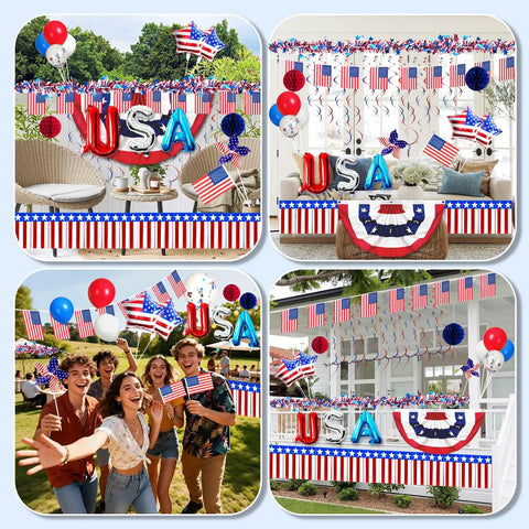 All American Patriotic Parade Decor Kit With 46 Pieces For 4th Of July Celebrations For Golf Carts Bikes Boats And Floats In Red White And Blue USA Pride 250th Anniversary Party Decorations displayed on patio and garden setting