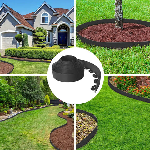 DIY Friendly No Dig Landscape Edging Kit 4-Inch By 50 Feet With 75 Spikes Flexible Plastic Border For Lawn Beds Pathways Flower Beds And Pavers Black Edging showcasing various lawn applications.