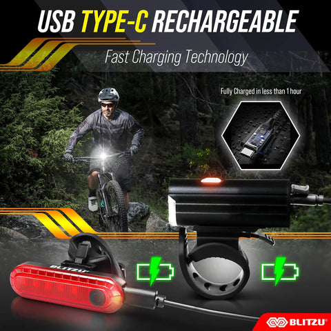 Man biking at night with Ultra Bright Front And Rear USB Rechargeable Bike Light Set showcasing USB-C charging and high lumen beams