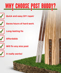 Pack Of 2 Easy Fence Post Repair Kit showing steel stakes affixed to a wood post with benefits listed, quick installation.