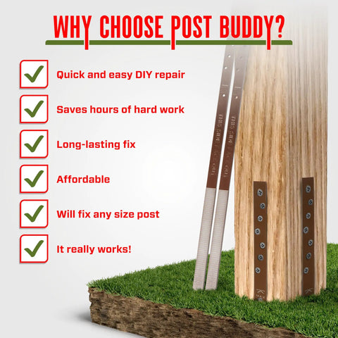 Pack Of 2 Easy Fence Post Repair Kit showing steel stakes affixed to a wood post with benefits listed, quick installation.