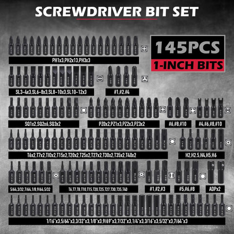 Image of 145-piece 1-inch screwdriver bit set on display board with various bit types, labeled with sizes and types for reference.