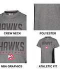 Collage of heather charcoal NBA tee features: crew neck, polyester, Hawks graphics, athletic fit.