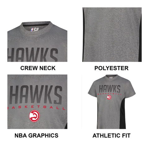 Collage of heather charcoal NBA tee features: crew neck, polyester, Hawks graphics, athletic fit.