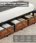 Sturdy King Size Platform Bed Frame With Handy Storage Headboard And Three Silent Glide Roll Away Drawers for easy access storage.