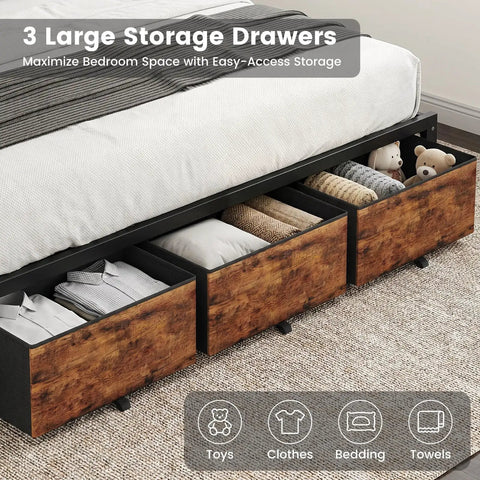 Sturdy King Size Platform Bed Frame With Handy Storage Headboard And Three Silent Glide Roll Away Drawers for easy access storage.
