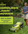 Walk-Behind Cordless Push Lawn Mower With 14 Inch Cutting Width Brushless Motor Rechargeable 4Ah Battery And Charger Green 24V For Small To Medium Lawns in garden