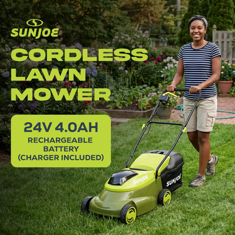 Walk-Behind Cordless Push Lawn Mower With 14 Inch Cutting Width Brushless Motor Rechargeable 4Ah Battery And Charger Green 24V For Small To Medium Lawns in garden