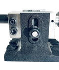 Beefy Adjustable Single Bolt Lathe Tailstock for 3In and 4In Regular and Tilting Rotary Tables, heavy duty cast iron body front view.