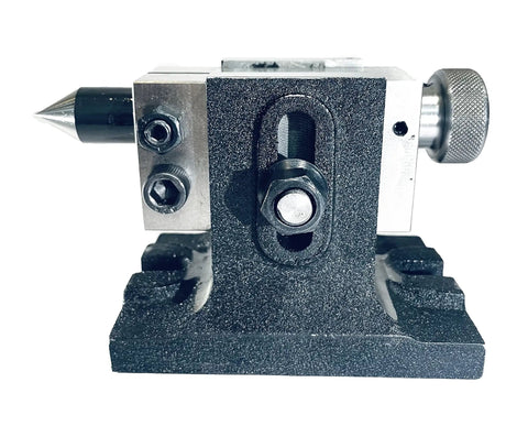 Beefy Adjustable Single Bolt Lathe Tailstock for 3In and 4In Regular and Tilting Rotary Tables, heavy duty cast iron body front view.