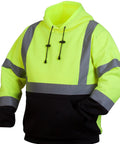 Hi Vis Lime Safety Hooded Pullover Sweatshirt With 2 Inch Silver Reflective Tape Black Bottom Front Pocket Elastic Cuffs And Waist