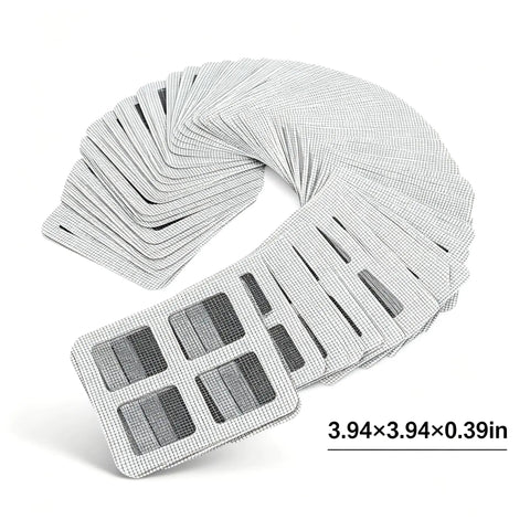 80Pcs 4x4 Disposable Hair Drain Stickers Anti Blocking arranged in a fan shape, showcasing the mesh design and size details.
