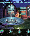 Remote Control Solar Water Fountain With IR Remote, No Wiring Needed, 6W Solar Pump, illuminated at night in garden setting
