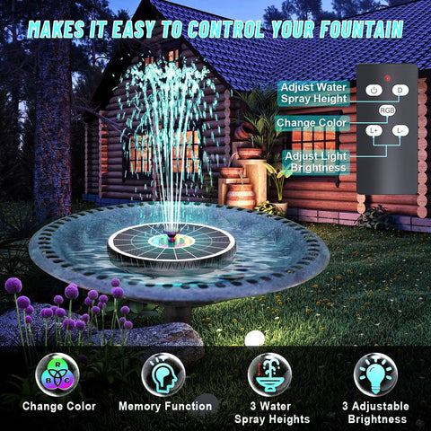 Remote Control Solar Water Fountain With IR Remote, No Wiring Needed, 6W Solar Pump, illuminated at night in garden setting