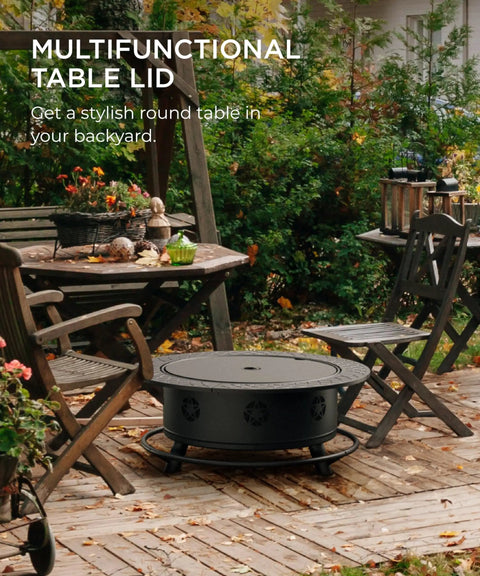 35 Inch Outdoor Fire Pit Table With 360 Degree Rotating Grill in garden setting with wooden chairs and trees