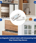 Ultra Thin Magnetic Cabinet Door Catch Set 12 Pack Stainless Steel Adhesive And Screw In Latch displayed with usage examples.