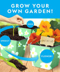 Kids Flower And Herb Gardening Kit With Three Stainless Steel Pots Paintable Surfaces Sticker Set And Seed Pack To Grow Cosmos Basil And Nasturtium shown with stages from seed to flower