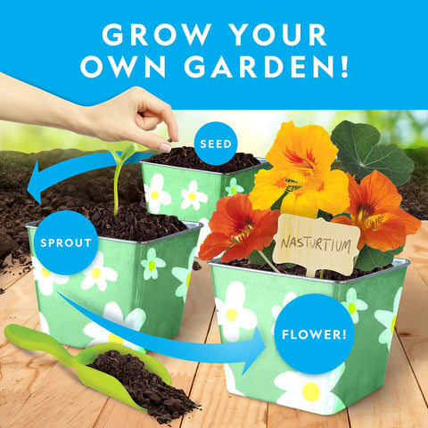 Kids Flower And Herb Gardening Kit With Three Stainless Steel Pots Paintable Surfaces Sticker Set And Seed Pack To Grow Cosmos Basil And Nasturtium shown with stages from seed to flower