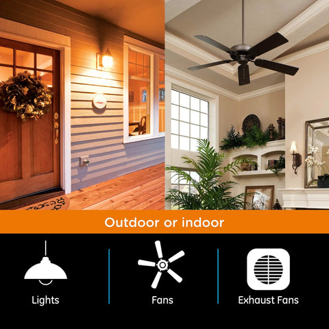 One In-Wall Digital Timer With Push Door Switch And Backlit LED Screen Dope Energy Saver Eight Custom On Off Times Countdown Mode Daily And Weekly Schedules For Indoor And Outdoor Lights Fans And More, image showing porch and ceiling fan setups.