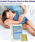 Progress chart and star stickers beside Green Bedwetting Alarm With Loud Sound And Strong Vibration For Boys And Girls, Six Alarm Tones And Vibration Alerts, Compact Battery Operated Sensor, Easy To Clean, Kid Friendly Enuresis Solution