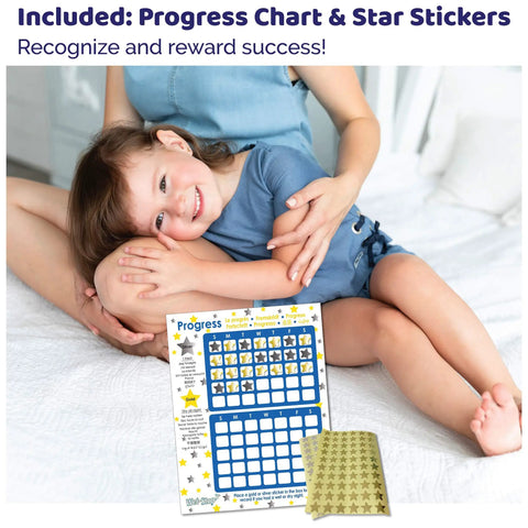 Progress chart and star stickers beside Green Bedwetting Alarm With Loud Sound And Strong Vibration For Boys And Girls, Six Alarm Tones And Vibration Alerts, Compact Battery Operated Sensor, Easy To Clean, Kid Friendly Enuresis Solution