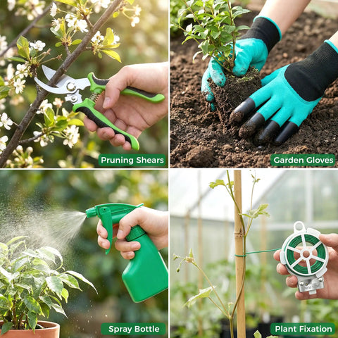 Heavy Duty Gardening Tools 10 Piece Set With Durable Stainless Steel Hand Tools Organizer Handbag featuring gloves, pruner, and spray.