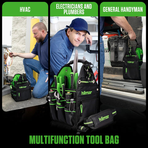 Image showing HVAC Tool Tote Bag With 27 Pockets And 13 Inch Size, Water Resistant Pro Carryall For HVACR Tools, 18 Elastic Straps.