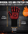 Ultimate BBQ Grill And Oven Gloves Heat Resistant To 1472F with red flame pattern, 13x6.5 inches, universal size.