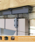 Close-up of 12Ft Black Sliding Barn Door Hardware Kit For Exterior Box Track Low Ceiling Compatible Outdoor Use Includes Three 4Ft Rails And Seven Ceiling Brackets Supports Up To 330lbs Door Not Included installed on stone wall.