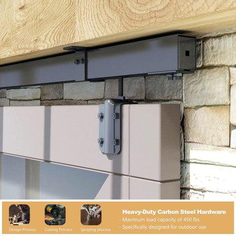 Close-up of 12Ft Black Sliding Barn Door Hardware Kit For Exterior Box Track Low Ceiling Compatible Outdoor Use Includes Three 4Ft Rails And Seven Ceiling Brackets Supports Up To 330lbs Door Not Included installed on stone wall.