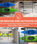 Double Kayak Rack for Wall or Ceiling Mounts with Adjustable Straps Hang Two Kayaks and Paddles Off the Floor Perfect for Surfboards Paddleboards SUPs and Canoes Easy Space Saving Storage Solution shown in garage and deck settings