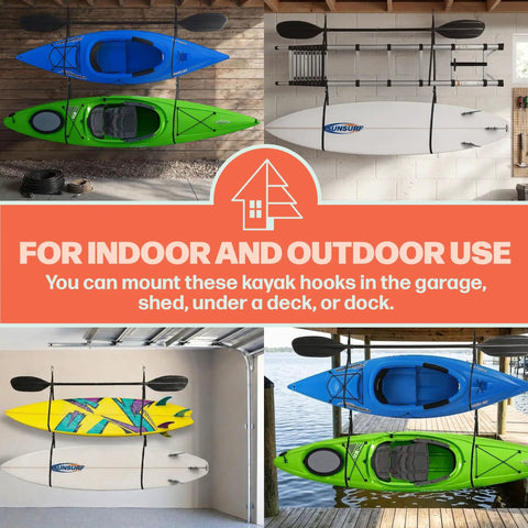 Double Kayak Rack for Wall or Ceiling Mounts with Adjustable Straps Hang Two Kayaks and Paddles Off the Floor Perfect for Surfboards Paddleboards SUPs and Canoes Easy Space Saving Storage Solution shown in garage and deck settings