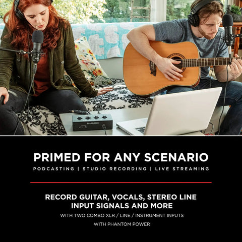 All In One Dual Channel USB Audio Interface For Recording Streaming And Podcasting With Dual XLR Inputs Line And DI Inputs Plus Included Software Suite For Mac Or PC Plug And Play Ready in use with laptop and guitar player.