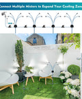 Adjustable Height Standing Misting System for outdoor patio cooling, shown at 2.6 ft height in garden setting with chairs