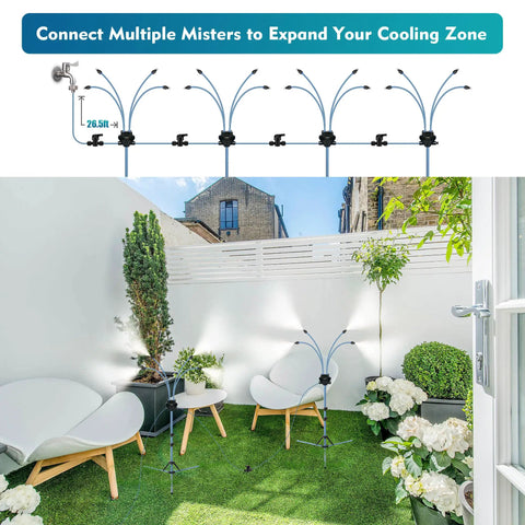 Adjustable Height Standing Misting System for outdoor patio cooling, shown at 2.6 ft height in garden setting with chairs