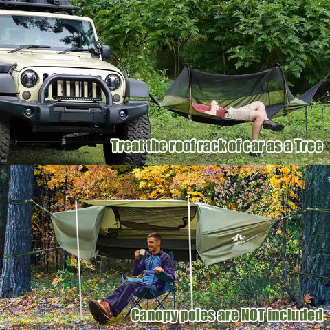 Flat Lay Hammock Tent With Mosquito Net And Waterproof Rainfly For One Person Backpacking Camping setup beside car in forest
