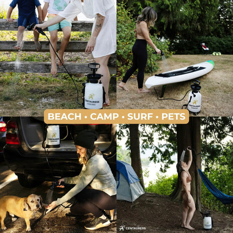Portable Camping Shower Pump With Showerhead Holder And Safety Valve Up To 45 PSI No Battery Needed Manual Pump in use outdoors