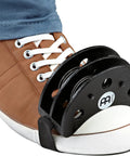 Foot Tambourine For Hands Free Percussion, Slip On Shoe Pad To Tap Your Foot And Accent Grooves, Ideal For Live Performances And Layering Beats While Your Hands Stay Free On Stage. black metal foot tambourine on brown shoe