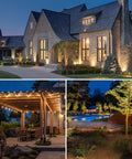 Dual Output 300W Low Voltage Landscape Transformer With Timer And Photocell Sensor Converts 120V AC To 12 And 14V AC Weatherproof Outdoor Lighting Transformer For Gardens Pathways And Yard Accent Lighting illuminating house exterior, pergola, and garden.
